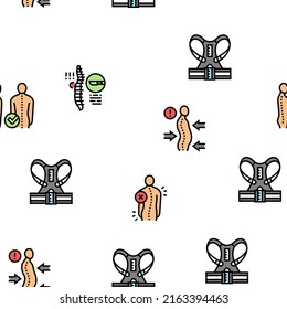 Scoliosis Disease Collection Icons Set Vector. Corset And Surgery Medical Operation For Treatment Kyphosis And Scoliosis Health Problem Black Contour Illustrations