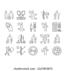 Colección de Iconos Vector Set de la Enfermedad de Scoliosis. Operación Médica De Corset Y Cirugía Para El Tratamiento Ilustraciones De Contorno Negro De La Kyphosis Y La Escoliosis