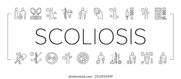 Scoliosis Disease Collection Icons Set Vector. Corset And Surgery Medical Operation For Treatment Kyphosis And Scoliosis Health Problem Black Contour Illustrations