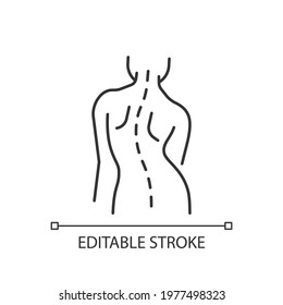 Scoliosis linear icon. Sideways curve. Uneven hips and shoulders. Pinched nerves. Thin line customizable illustration. Contour symbol. Vector isolated outline drawing. Editable stroke