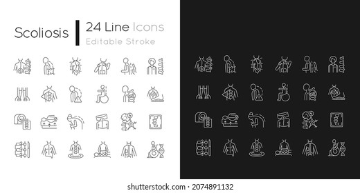 Scoliosis linear icons set for dark and light mode. Scoliosis stages and types. Spinal bones deformation. Customizable thin line symbols. Isolated vector outline illustrations. Editable stroke