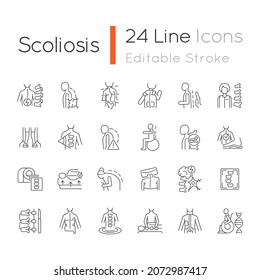 Scoliosis linear icons set. Scoliosis stages and types. Physical disabilities. Spinal bones curvature. Customizable thin line contour symbols. Isolated vector outline illustrations. Editable stroke