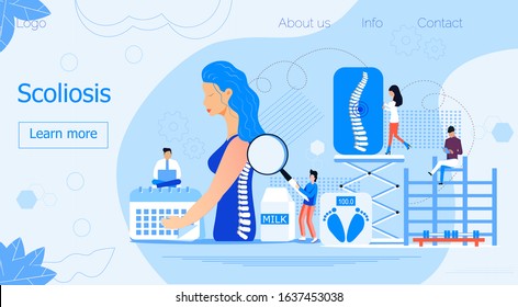 Scoliosis medical anatomical concept vector for homepage. Vertebral osteochondrosis, osteoporosis illustration. Kyphosis, lordosis, curvature of skeleton diseases. Tiny doctors treat pain in spine.