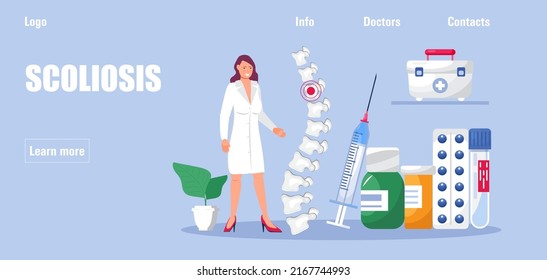 Scoliosis medical anatomical concept vector for homepage. Kyphosis, lordosis, curvature of skeleton diseases. Vertebral osteochondrosis, osteoporosis treatmentillustration. Manual therapist.