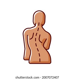 Scoliosis RGB color icon. Sideways curve. Uneven hips and shoulders. Pinched nerves. Back pain and stiffness. Abnormal spine sideways curvature. Damaging major organs. Isolated vector illustration