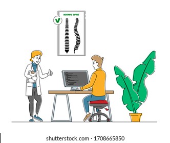 Scoliosis and Spine Deformation Concept. Man Sitting at Desk in Correct Posture. Doctor Character Shows Thumb Up at Infographics with Human Skeleton with Backbone Curvature. Linear People Vector Illustration