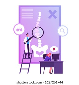 Scoliosis and Spine Deformation Concept. Woman Sitting at Desk in Wrong Posture Male Doctor Stand with Magnifier at Infographics with Human Skeleton Backbone Curvature. Flat Vector Illustration