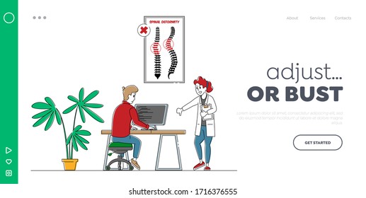 Scoliosis, Spine Deformation Landing Page Template. Man Character Sit at Desk in Wrong Posture. Doctor Show Thumb Down Infographics with Skeleton Healthy Backbone. Linear People Vector Illustration