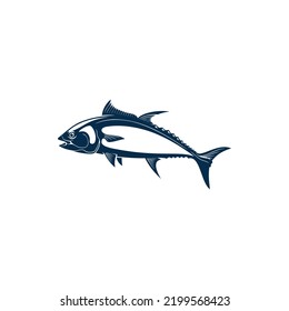 Scombridae Saltwater Fish Isolated Bluefin Tuna. Vector Aquatic Animal, Atlantic Tuna Blue Hand Drawn Icon. Vector Pacific Tunny With Flounders, Mackerel Fishing Sport Emblem, Bluefish Mascot