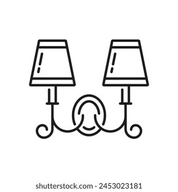 Sconce lamp or wall light line icon, vintage lantern for lighting fixture and illumination, outline vector. Ornate wall sconce or night lamp with lightbulb and lampshades for bedroom or house interior