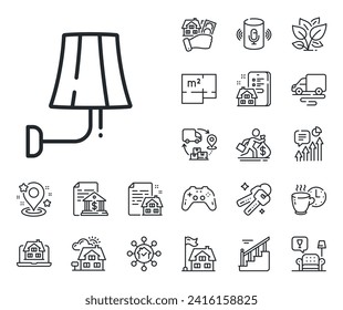 Señal de luz solar. Plano del suelo, escaleras y iconos del contorno del salón. Icono de la línea de la lámpara de pared. Símbolo de iluminación interior. Señal de la línea de la lámpara de pared. hipoteca de vivienda, ícono de la venta de edificio. Inmobiliaria. Vector