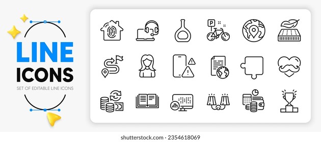 Sconce light, Woman and Budget accounting line icons set for app include Report statistics, Winner podium, Lightweight mattress outline thin icon. Education, Bike, Pin pictogram icon. Vector