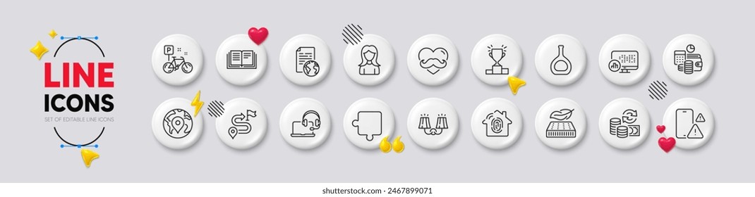 Sconce light, Woman and Budget accounting line icons. White buttons 3d icons. Pack of Report statistics, Winner podium, Lightweight mattress icon. Education, Bike, Pin pictogram. Vector