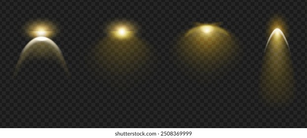 Aplique luz cálida contra la pared. Vector aislado conjunto de iluminación realista de lámparas dando atmósfera radiante. Decoración de interiores y accesorios para el hogar. Estudio o escena decorativa brillante