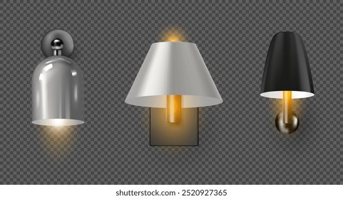 Sconces com abajures. Conjunto isolado de luzes de parede realistas para design exterior e interior. Iluminando lâmpadas elétricas brilhantes para brilhar em apartamentos de sótão ou estilos clássicos de casas