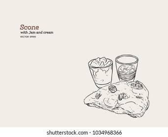 scone with cream and jam vector. hand draw sketch line art.