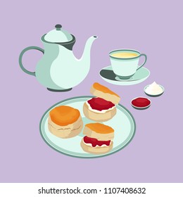 Scone with Tea Set Dessert English Cuisine Vector