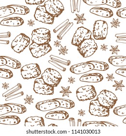 Scones and biscotti cookies on white background. Seamless pattern for textile prints, gift wrap or wallpaper.