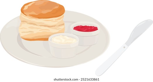 Scones com creme coagulado e geleia em uma placa. Chá de nata inglês clássico. Ilustração de vetor desenhada à mão.