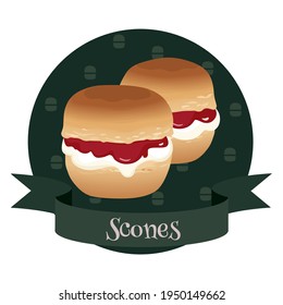 Scones with cream and jam. Traditional british teacakes. Vector illustration for cafe and restaurant menu, food packaging, labels and posters.