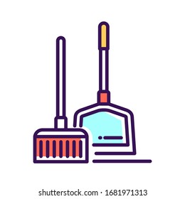Scoop and broom line color icon. Clean the floor. Cleaning service. Outline pictogram for web page, mobile app, promo.
