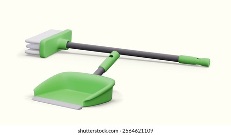 Scoop and brush for sweeping with long handle. Set of vector realistic elements on light background. Devices for indoor and outdoor dry cleaning. Color templates for web design