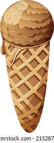 A scoop of caramel chocolate ice cream in a waffle cone. Sweets vector illustration on isolated transparent background for banner, poster, advertisement, summer sticker