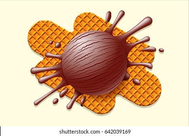 scoop of chocolate ice cream with splash on waffle on milk background vector
