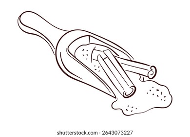 Colher com chão de canela e varas ilustração com alça em estilo de arte de linha isolado em um fundo branco.