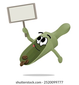 scoop of coffee cartoon mascot character hold a blank sign board. happy face emoticon