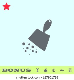 Scoop with garbage icon flat. Grey pictogram on blue background. Vector illustration symbol and bonus buttons medal, cow, earth, eye, calculator