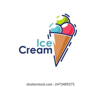 Scoop gelato dessert, ice cream waffle cone vector icon with strawberry, pistachio and mint balls. Melted gelato, sundae, frozen yogurt or fruit sorbet scoops in wafer cup sign for ice cream shop