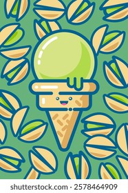 Scoop of green pistachio ice cream in  waffle cone on background with pistachios.