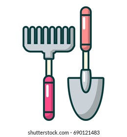 Scoop and hand rake icon. Cartoon illustration of scoop and hand rake vector icon for web design