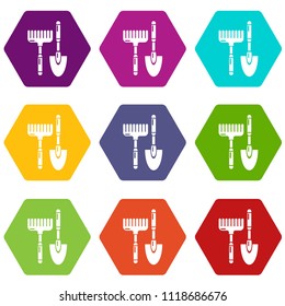 Scoop hand rake icons 9 set coloful isolated on white for web