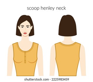 Scoop henley neckline clothes knits, sweaters character beautiful lady in ochre top, shirt, dress technical fashion illustration with fitted body. Flat apparel template. Women, men unisex CAD mockup