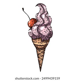 Cuchara de cono de helado dibujado a mano. postre de gofre, golosina congelada, y sabor Cuchara de cono de helado Vector boceto. ilustración de color aislado