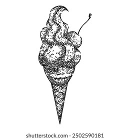 Cuchara de cono de helado dibujado a mano. postre de gofre, golosina congelada, y sabor Cuchara de cono de helado Vector sketch. ilustración negra aislada