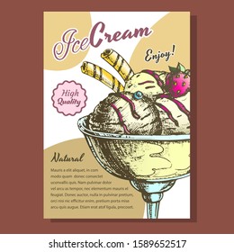 Scoop Ice Cream Cup With Berries Poster Vector. Tasty Frozen Milk Dessert Ice Cream In Bowl Decorated Strawberry, Wafer Rolls And Chocolate Concept. Designed Template Color Illustration