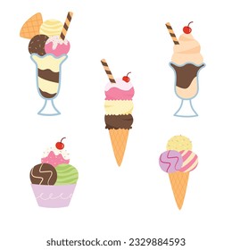 Scoop of ice cream set in cone, a bowl and a glass cup. Vector illustration cartoon flat style.