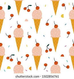 Scoop ice cream  vector pattern background. Sweet and yummy dessert. Design for fabric, wrapping, textile, wallpaper, apparel.
