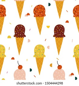 Scoop ice cream  vector pattern background. Sweet and yummy dessert. Design for fabric, wrapping, textile, wallpaper, apparel.
