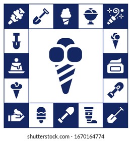 scoop icon set. 17 filled scoop icons. Included Ice cream, Shovel, Creme caramel, Cream, Blower icons