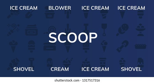 scoop icon set. 32 filled scoop icons. on blue background style Collection Of - Ice cream, Blower, Shovel, Cream, Creme caramel, Sand