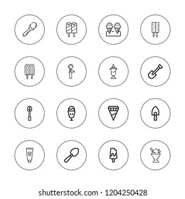 Scoop icon set. collection of 16 outline scoop icons with carpet beater, cream, ice cream, scoop, sorbet, shovel icons.