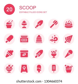scoop icon set. Collection of 20 filled scoop icons included Ice cream, Shovel, Cream, Blower