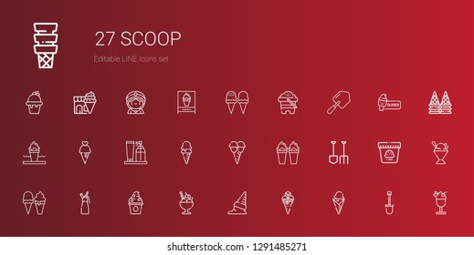 scoop icons set. Collection of scoop with ice cream, frozen yogurt, whipped cream, shovel, cream, sand, sorbet, seer. Editable and scalable scoop icons.