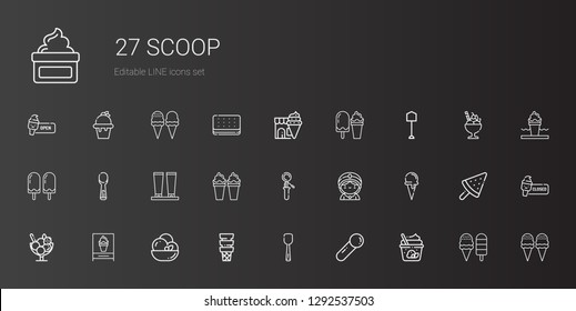 scoop icons set. Collection of scoop with ice cream, ice cream cone, seer, cream, shovel. Editable and scalable scoop icons.