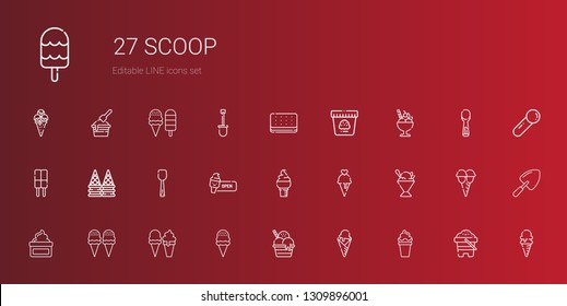 scoop icons set. Collection of scoop with ice cream, cream, sorbet, sand, shovel. Editable and scalable scoop icons.