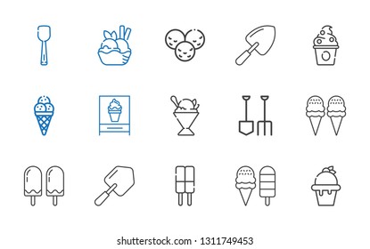 scoop icons set. Collection of scoop with ice cream, shovel, sorbet, frozen yogurt. Editable and scalable scoop icons.